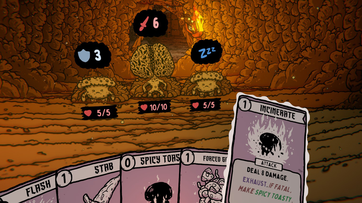 This looks fungi: a first-person roguelike ‘double deckbuilder’ where you use a separate deck for exploring, smash locked doors open with your head, and feast on the corpses of mushroom monsters