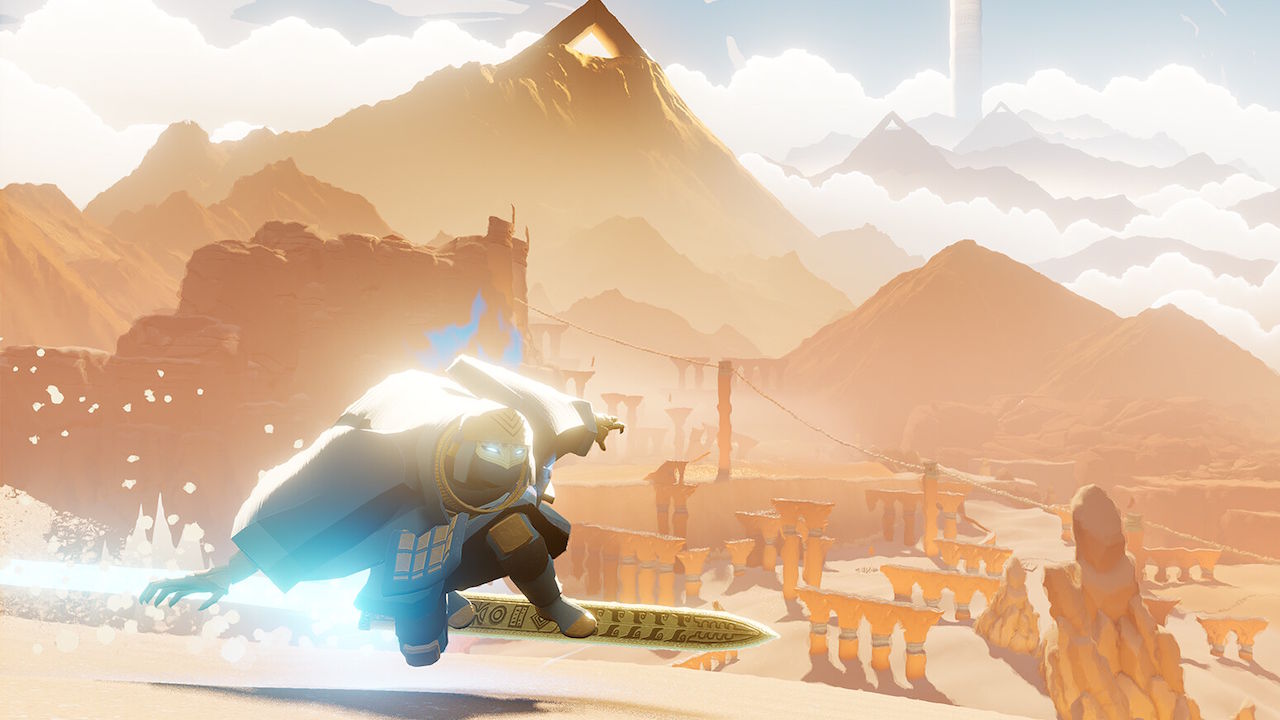 Surf on a magic sword and kickflip over flying dolphins in Sword of the Sea, hitting Steam in August