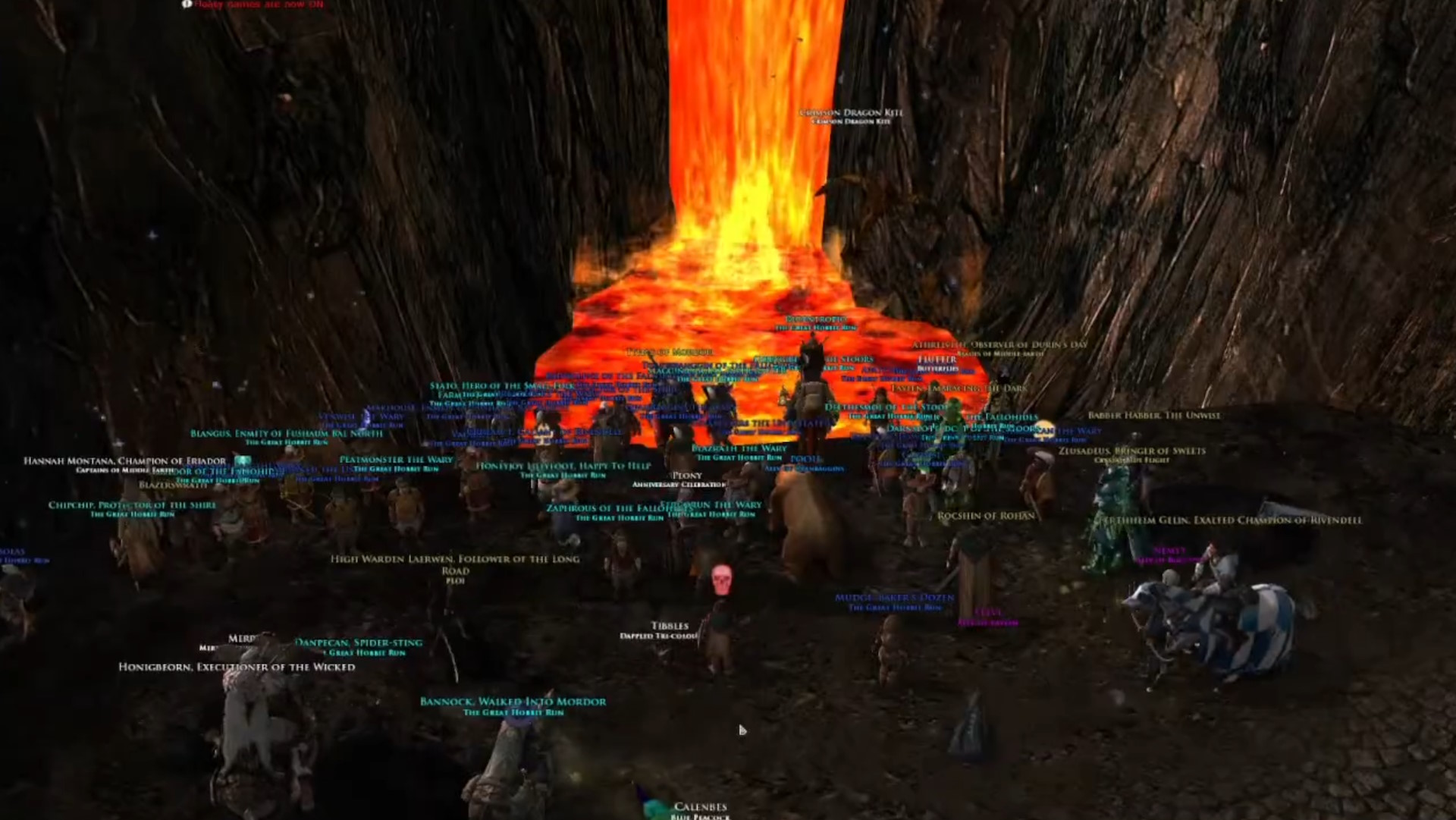 After 3 years of trying, Lord of the Rings Online’s ‘Great Hobbit Run’ ends in confused success as a mob of low-level players gets lost inside Mount Doom and decides it’s close enough: ‘Sauron can kiss my butt!’