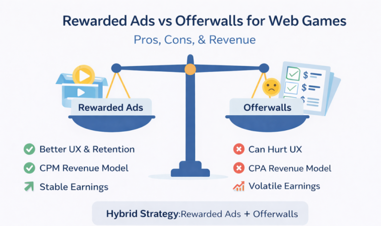 Rewarded Ads vs Offerwalls for Web Games: Pros, Cons, Revenue
