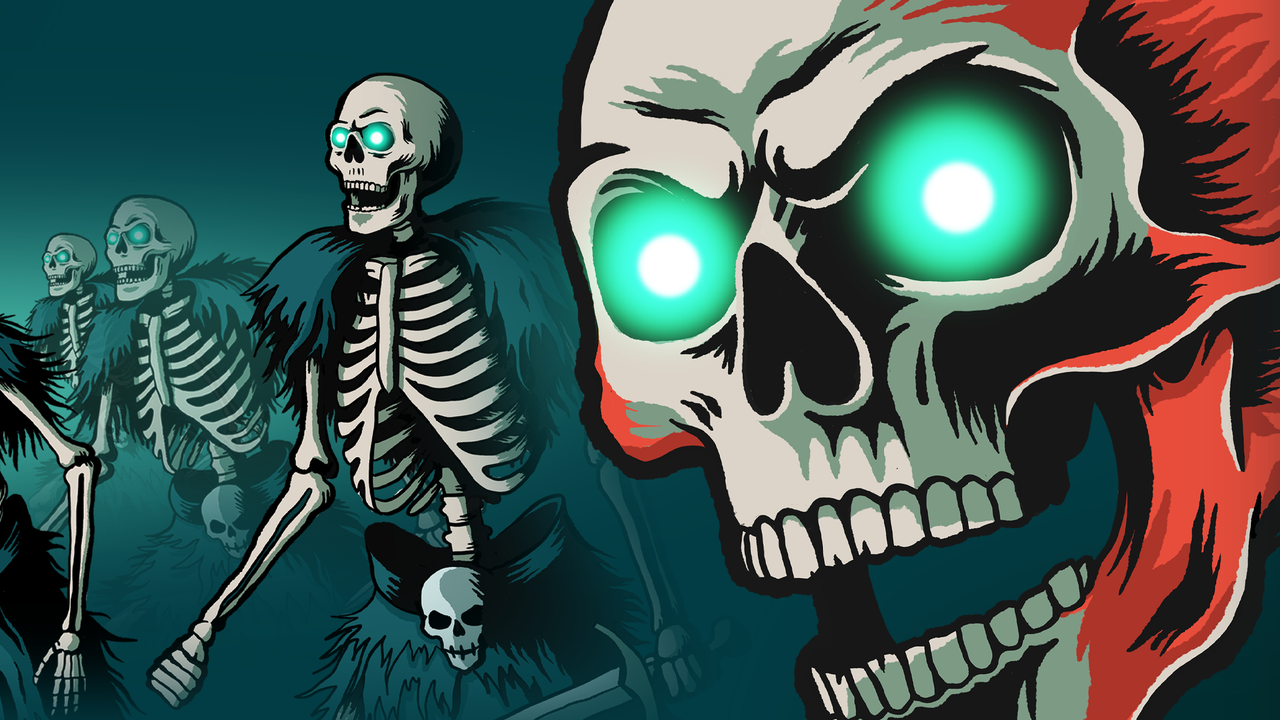 A floating magical skull goes to war with his own headless body in this necromantic roguelike that combines Vampire Survivors-like combat with Teamfight Tactics-inspired army building