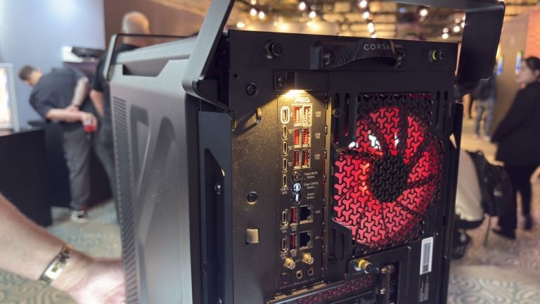 Corsair’s fighter jet-inspired case comes with a switch to toggle a light above the rear IO panel