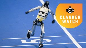 Robot Olympics runner bravely sprints headfirst into wall and collapses in shower of sparks, is not a metaphor